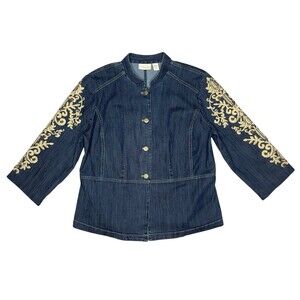 Chicos Demin Jacket Womens MED Dark Wash Soutache Embroidered Studded Sleeves